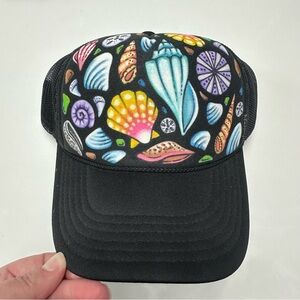 Handpainted Trucker Hat Hawaiian Shells Seashell Hat Black Colorful Shells OS